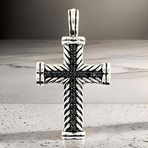 David Yurman Black Diamond Chevron Silver Cross Pendant 16.5g Estate DY611 - Picture 1 of 14
